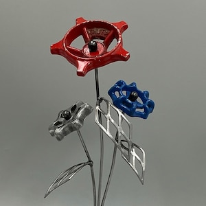 Upcycled Faucet Handle Flower Bouquet with Vase - Metal Artwork