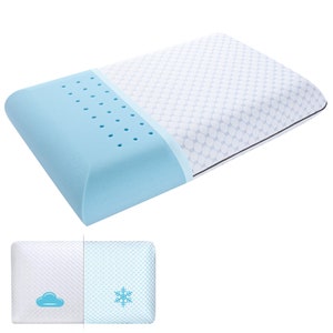 May include: A blue and white memory foam pillow with a cooling gel layer. The pillow has a cloud and snowflake design on the sides.