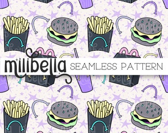 Sad Meal, Goth, Fast Food, Burger, Fries, Seamless Pattern, Seamless File, Repeating Pattern, Surface Pattern, Fabric Pattern, Background