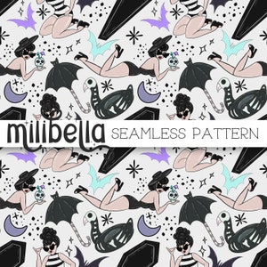 Goth Girl Summer Seamless Pattern, Beach, Bat, Star, Moon, Hand Drawn, Seamless File, Repeating Pattern, Fabric Design, Surface Pattern