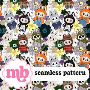 Halloween Monsters Seamless Pattern: Spooky Floral Fabric Design Hand Drawn (Digital Download)