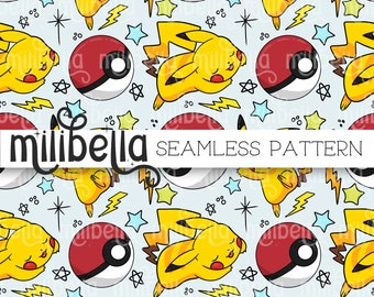 Pika, Anime Character, Ball, Poke, Cartoon, Yellow, Seamless Pattern, Seamless Fall Pattern, Repeating Pattern, Surface Pattern