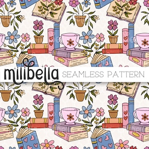 Books and Plants Seamless Pattern, Reading, Flowers, Seamless File, Repeating Pattern, Surface Pattern, Fabric Pattern, Background