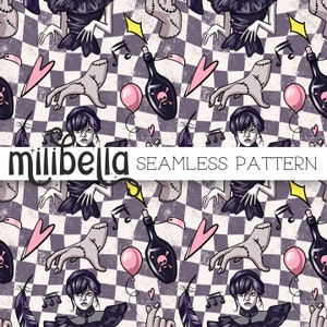 Wednesday Seamless Pattern, Hand, Horror, Halloween, Television, Seamless Fall Pattern, Adams, Repeating Pattern, Surface Pattern