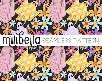 Pastel Flower Ghosts - Halloween - Boho - Seamless Digital Pattern - Instant Download - Surface Design - Wallpaper - Background - Fabric