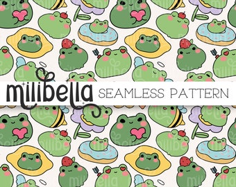 Kawaii Frog, Frogs, Cute, Animals, Seamless Pattern, Seamless File, Repeating Pattern, Surface Pattern, Fabric Pattern, Background