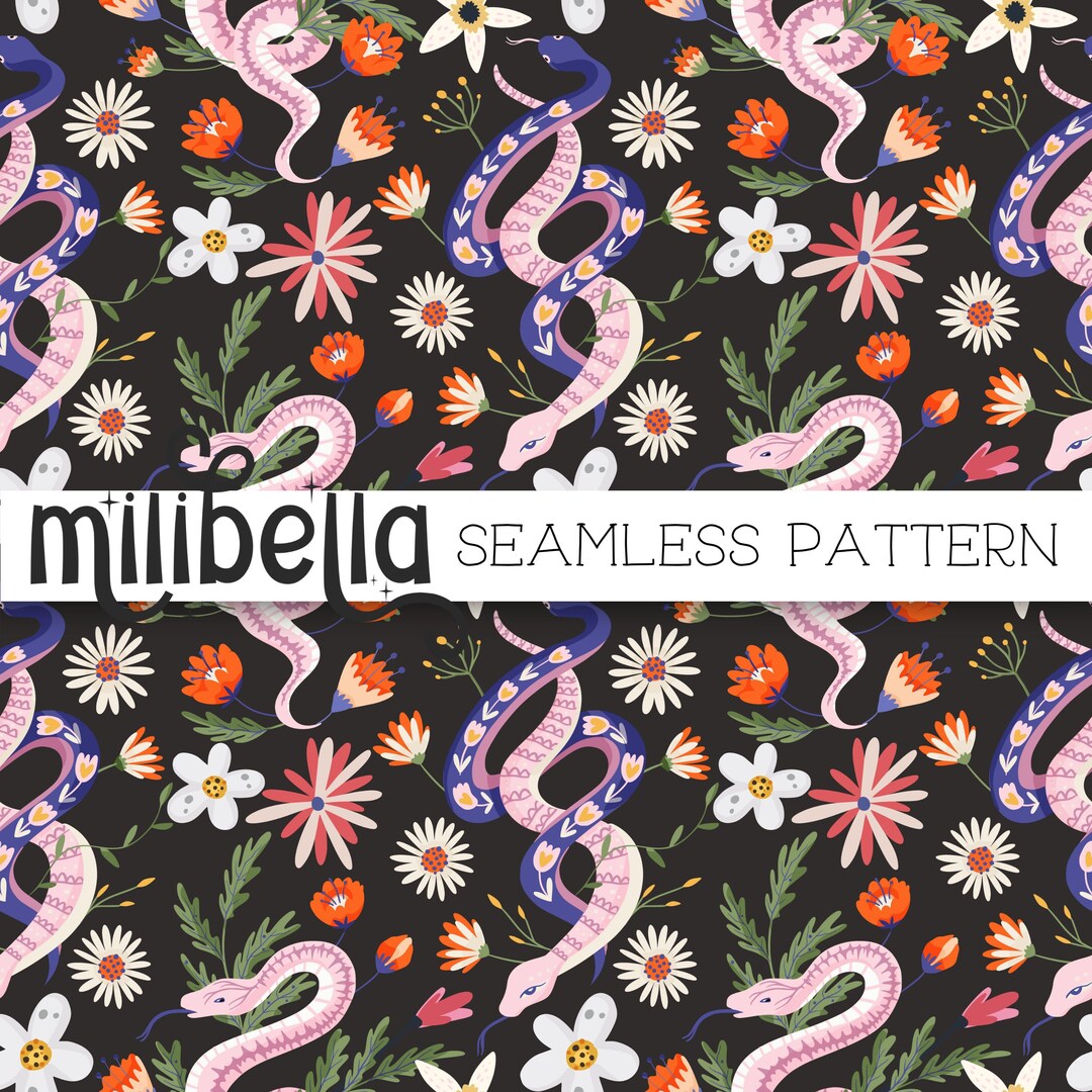 Snakes and Flowers Garden Floral Seamless Digital Pattern Instant ...