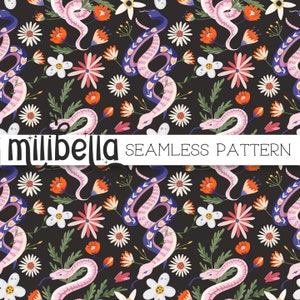 Padrão sem emendas de cobras e flores, pastel, floral, gótico, design de tecido, padrão repetitivo, arquivo sem emendas, padrão de superfície