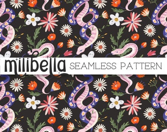 Snakes and Flowers - Garden - Floral - Seamless Digital Pattern - Instant Download - Surface Design - Wallpaper - Background - Fabric