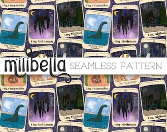 Cryptid Tarot Seamless Pattern, Bigfoot, Mothman, Creatures, Seamless File, Repeating Pattern, Surface Pattern, Fabric Pattern, Background
