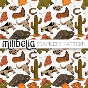 Wild West Seamless Pattern, Cactus, Cow, UFO, Skull, Cowboy Boots, Seamless File, Repeating Pattern, Fabric Design, Surface Pattern