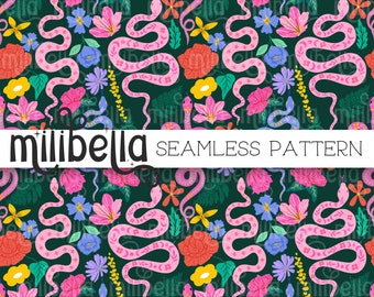 Flower Snakes, Jungle, Tropical, Maximalist, Seamless Pattern, Seamless File, Repeating Pattern, Surface Pattern, Fabric Pattern, Background