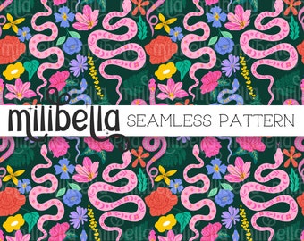 Flower Snakes Seamless Pattern, Jungle, Tropical, Maximalist, Seamless File, Repeating Pattern, Surface Pattern, Fabric Pattern, Background