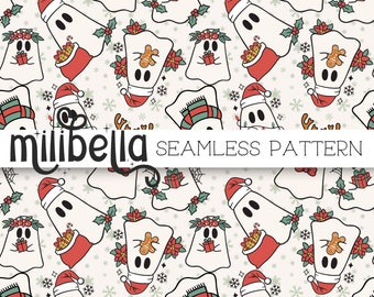 Ghost Christmas, Spooky, Cute, Holiday, Snowflake, Gift, Seamless Pattern, Seamless Christmas Pattern, Repeating Pattern, Surface Pattern