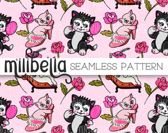 Fancy Cats, Pink, Roses, Fashion, Cat, Seamless Pattern, Seamless File, Repeating Pattern, Surface Pattern, Fabric Pattern, Background