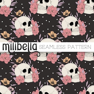 Skull Flowers Seamless Pattern, Black, Polka Dot, Flower, Fabric Design, Surface Design, Seamless File, Repeating Pattern