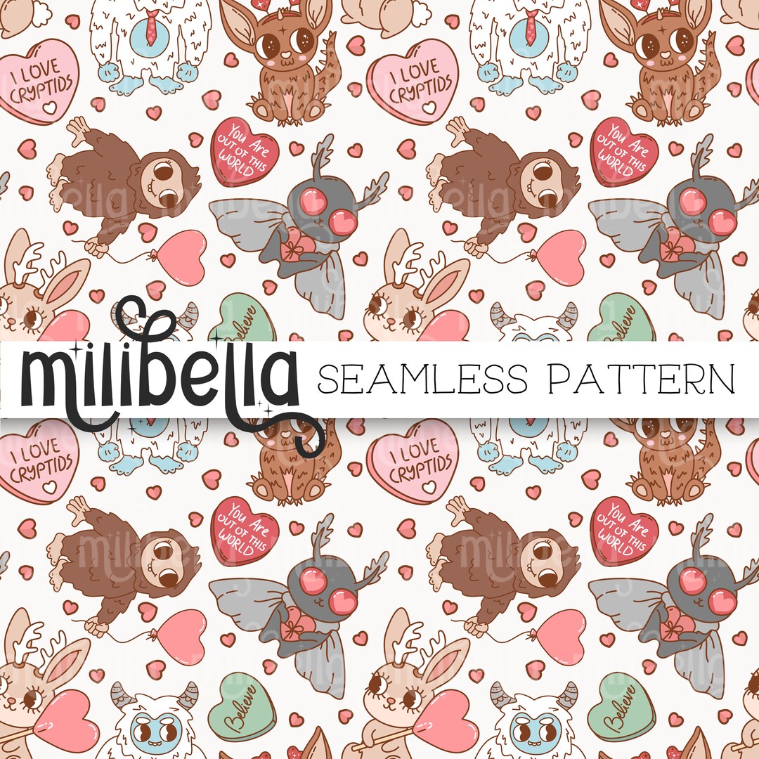 Cryptid Love Seamless Pattern, Valentine, Mothman, Yeti, Seamless File ...
