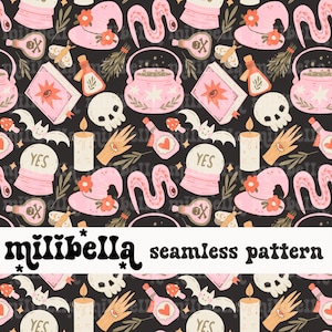 Pink Witch Seamless Pattern, Halloween, Potion, Witchy, Seamless File, Repeating Pattern, Surface Pattern, Fabric Pattern, Background