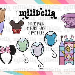 Magic Park Clip Art Hand Drawn, Theme Park, Mouse, Food, Balloon, Digital Clip Art, Sublimation, Graphic Transfer, Digital Stickers, PNG