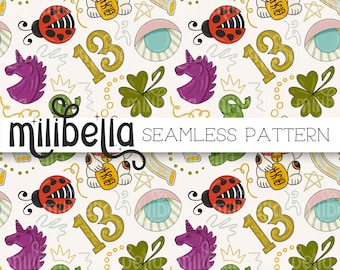 Lucky Amulets, Trinkets, Cat, Ladybug, 13, Seamless Pattern, Seamless File, Repeating Pattern, Surface Pattern, Fabric Pattern, Background