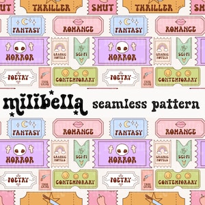 Book Genre Tickets Nahtloses Muster, lesen, Bücher, Bücherwurm, nahtlose Datei, sich wiederholendes Muster, Oberflächenmuster, Stoffmuster, Hintergrund