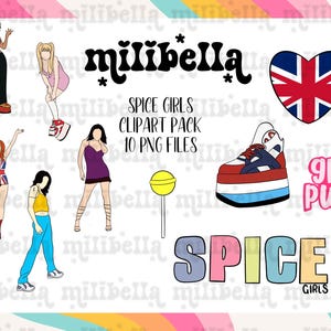 Imágenes prediseñadas de las Spice Girls dibujadas a mano, música de los 90, grupo femenino, imágenes prediseñadas digitales, sublimación, transferencia gráfica, pegatinas digitales, PNG