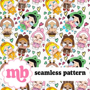 Crying Doll Trendy Seamless Pattern: Colorful Hearts, Cry Baby, Toy, Seamless File, Fabric Print Hand Drawn (Digital Download)