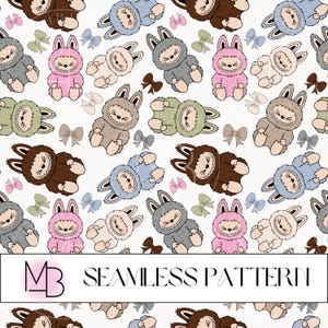 Monster Bow Seamless Pattern, Kawaii, Labubu, Cute, Doll, Seamless File, Repeating Pattern, Surface Pattern, Fabric Pattern, Background