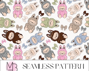 Monster Bow Seamless Pattern, Kawaii, Labubu, Cute, Doll, Seamless File, Repeating Pattern, Surface Pattern, Fabric Pattern, Background
