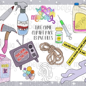 True Crime Clip Art Set, Detective, Clipart, Criminology, Crime, Murder, Hand Drawn, Digital Sticker, Stickers, Graphic Transfer, PNG