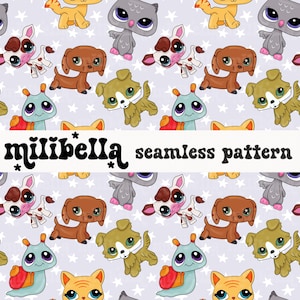 Pet Shop Seamless Pattern, Dog, Cat, Snail, Owl, Cow, Toy, Seamless File, Repeating Pattern, Surface Pattern, Fabric Pattern, Background