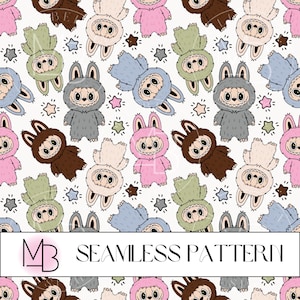 Modèle sans couture de monstre, Kawaii, Labubu, mignonne, poupée, fichier sans couture, motif répétitif, motif de surface, motif de tissu, arrière-plan