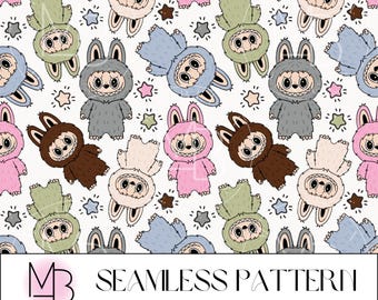 Monster Seamless Pattern, Kawaii, Labubu, Cute, Doll, Seamless File, Repeating Pattern, Surface Pattern, Fabric Pattern, Background
