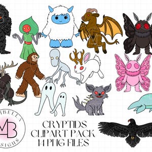Cryptids Clipart, Hand Drawn, Mothman, Bigfoot, Yeti, Cryptid, Monsters, Night Crawler, Clip Art, Elements, Icons, Digital Stickers, PNG