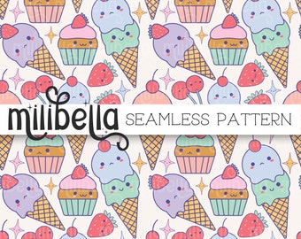 Kawaii Sweets, Ice Cream Cone, Cupcake, Seamless Pattern, Seamless File, Repeating Pattern, Surface Pattern, Fabric Pattern, Background