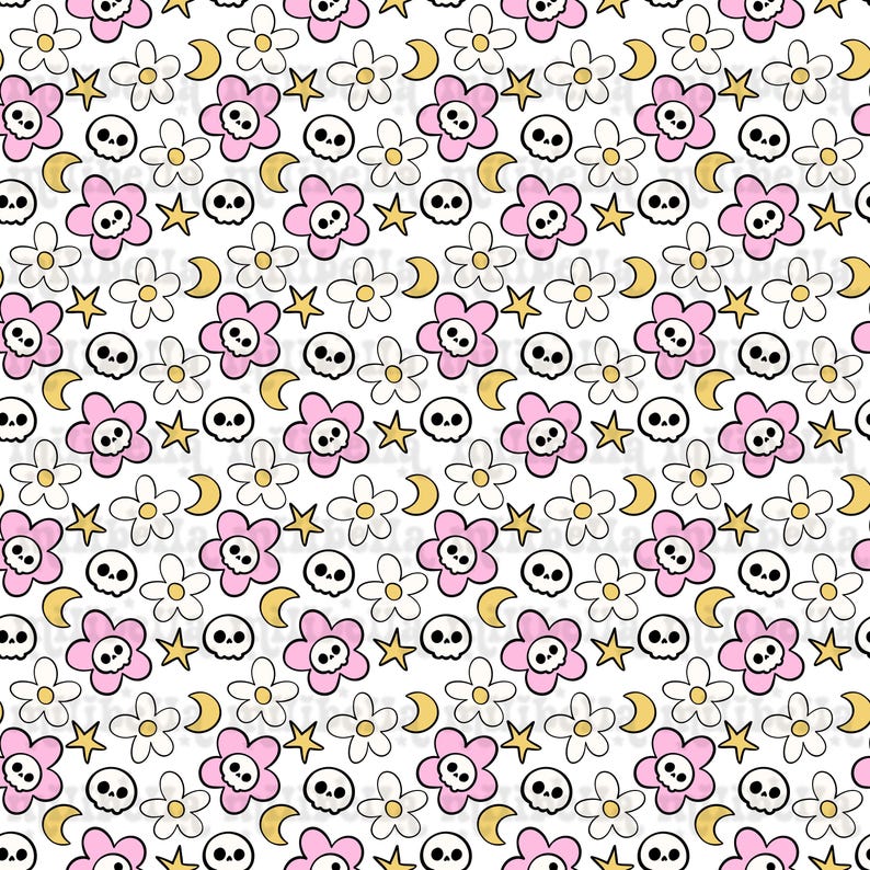Skull Flowers Seamless Pattern, Stars, Moon, Pink, White, Seamless File