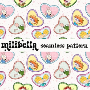 90s Heart Throbs Seamless Pattern, Cartoon Characters, Seamless File, Repeating Pattern, Surface Pattern, Fabric Pattern, Background