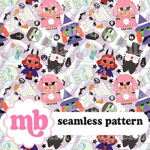 Crying Doll Monsters Halloween Seamless Pattern: Hand Drawn Fabric Design Print (Digital Download)