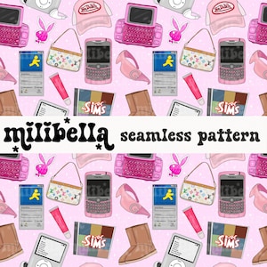 Y2k Fashion Seamless Pattern: Pink 2000s Girl Tech Hand Drawn (Digital Download)