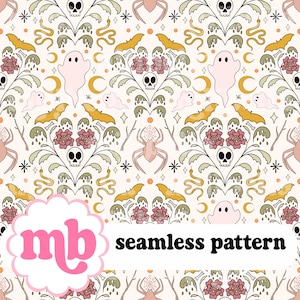Haunted House Halloween Seamless Pattern, Ghost, Wallpaper, Seamless File, Repeating Pattern, Surface Pattern, Fabric Pattern, Background