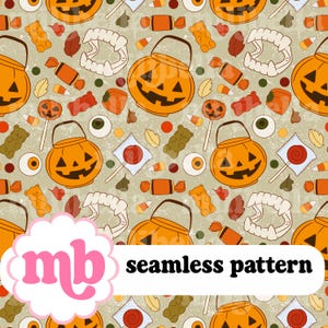 Halloween Seamless Pattern, Trick or Treat, Candy, Pumpkin, Seamless File, Repeating Pattern, Surface Pattern, Fabric Pattern, Background