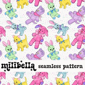 Kitsch Vintage Stuffed Animals Seamless Pattern, Cat, Dog, Seamless File, Repeating Pattern, Surface Pattern, Fabric Pattern, Background