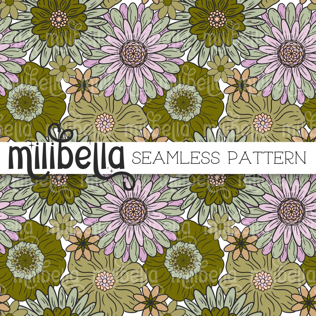 Green Boho Flowers Seamless Pattern, Retro, Flower, Floral, Seamless ...