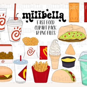 Fast Food Clipart, Desenhado à mão, Frango, Cheeseburguer, Taco, Sorvete, Adesivo Digital Clip Art Digital, Sublimação, Transferência Gráfica