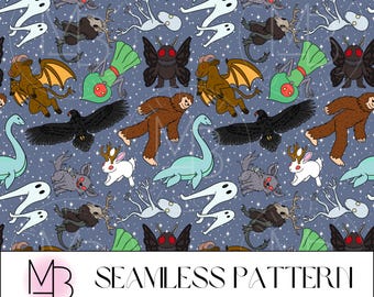 Cryptids Seamless Pattern, Mothman, Bigfoot, Nessy, Cryptid, Seamless File, Repeating Pattern, Surface Pattern, Fabric Pattern, Background