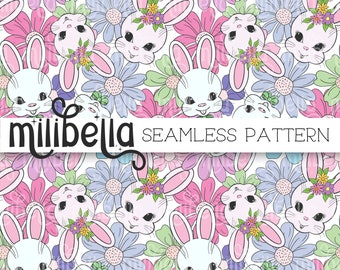 Vintage Easter Bunny, Flowers, Spring, Rabbit, Seamless Pattern, Seamless File, Repeating Pattern, Surface Pattern