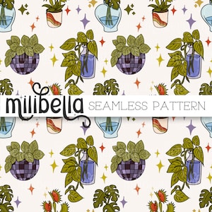 House Plants Seamless Pattern, Retro, Potted Plant, Plant, Seamless File, Repeating Pattern, Surface Pattern, Fabric Pattern, Background