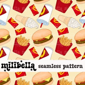 Cheeseburger Fries Fast Food Seamless Pattern, McD, Ice Cream, Seamless File, Repeating Pattern, Surface Pattern, Fabric Pattern, Background