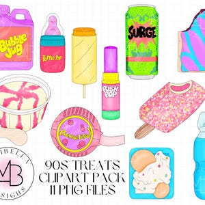 Clipart de comida doce dos anos 90, desenhado à mão, refrigerante, goma de mascar, sorvete, clip art, elementos, ícones, gráficos de planejador, scrapbooking, adesivos digitais, PNG