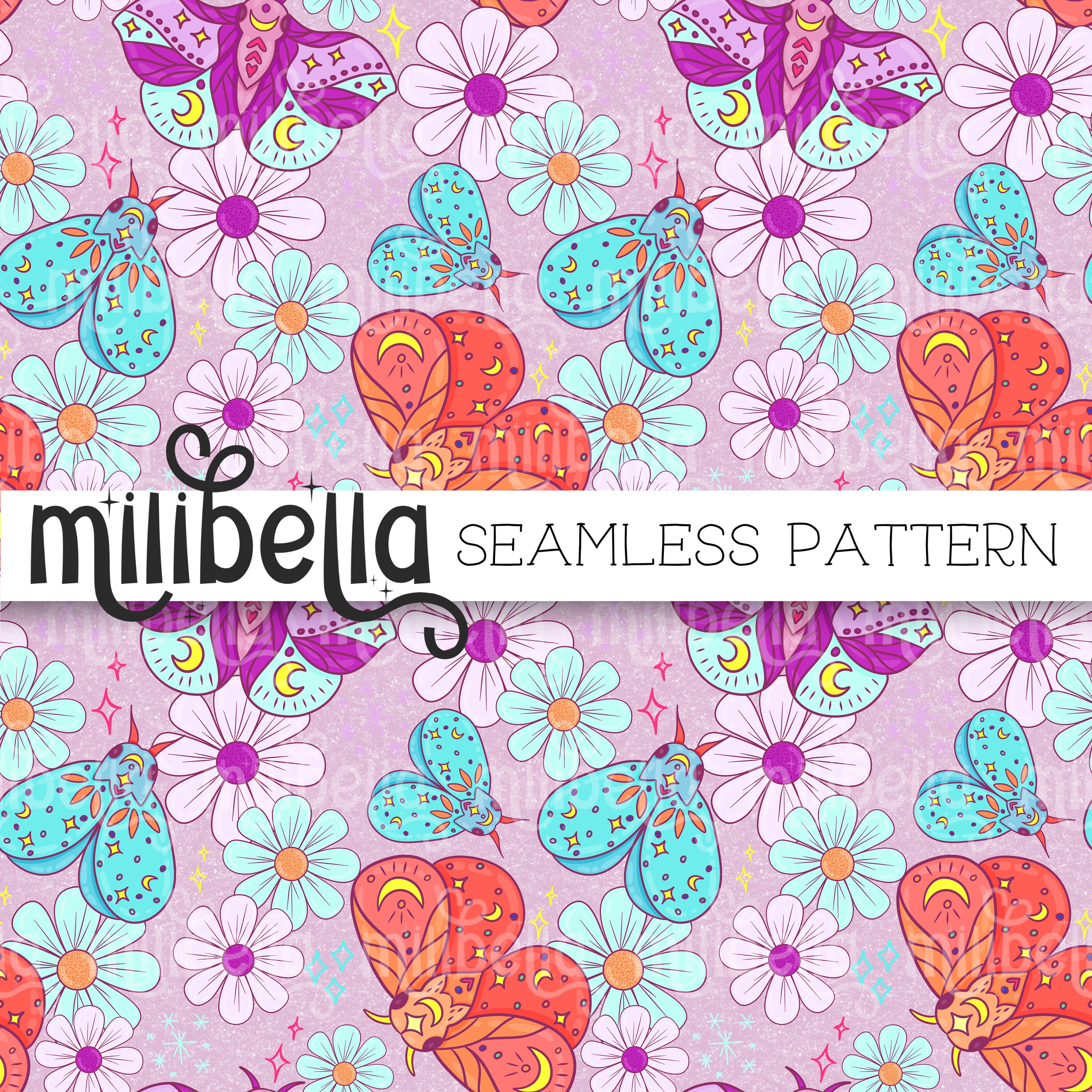 Neon Moth Seamless Pattern, Butterfly, Flower, Hand Drawn, Seamless File, Repeating Pattern, Surface Pattern, Fabric Pattern, Background